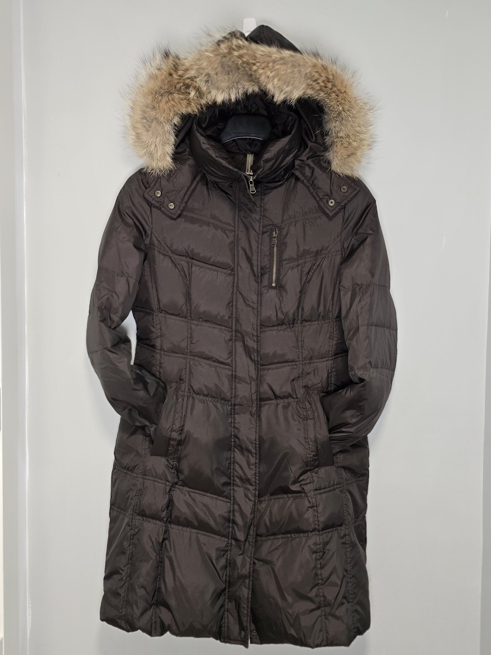 Andrew Marc Dark Brown Long Puffer Coat with Faux Fur Hood